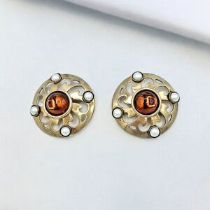Vintage Scandinavian Earrings 10K GP Scroll Viking Lucite Pearl Estate Jewelry